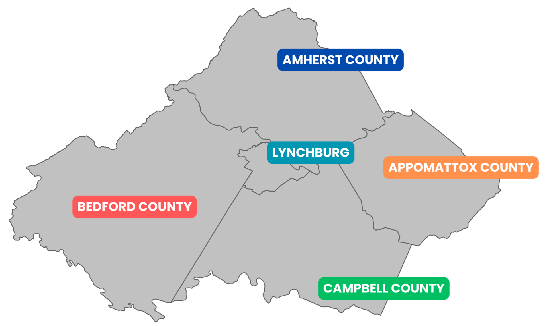 CVPDC Region Map: Amherst, Appomattox, Bedford, and Campbell Counties and the City of Lynchburg