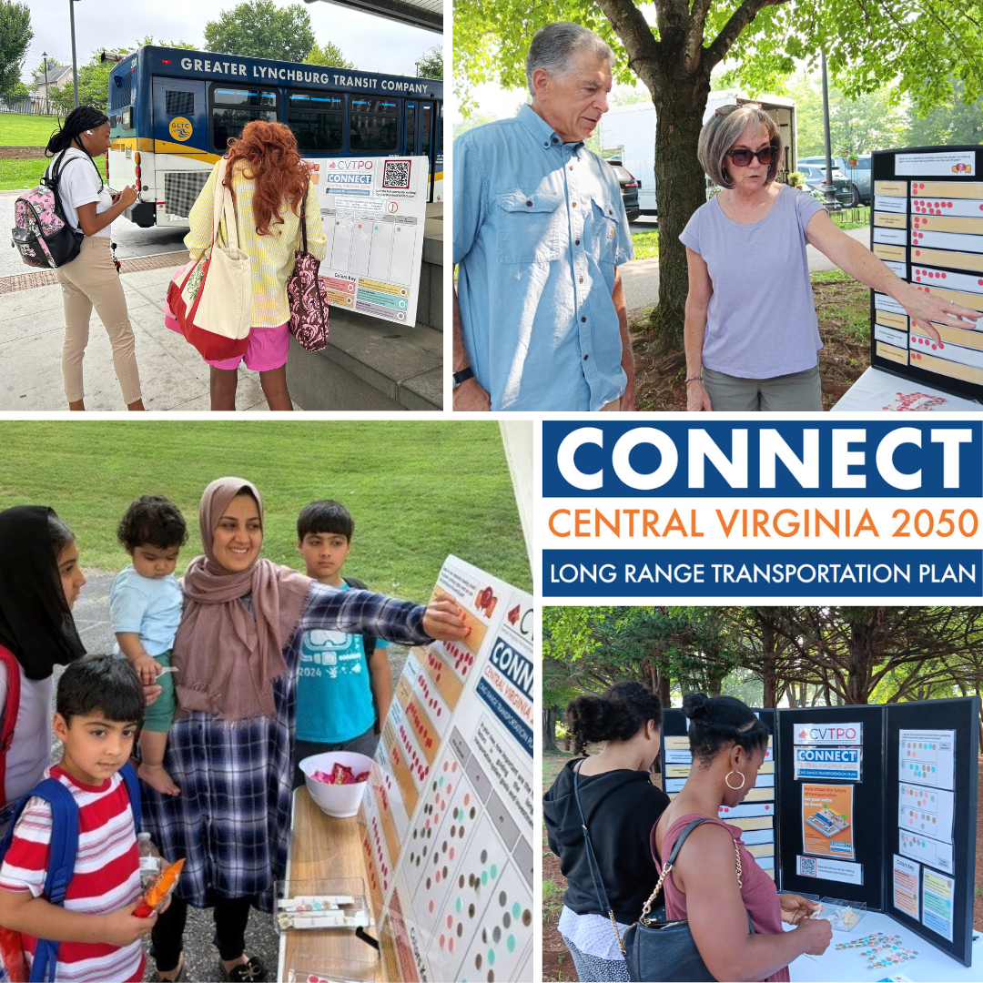 Connect Central Virginia 2050 Long Range Transportation Plan logo, plus individuals responding to survey.